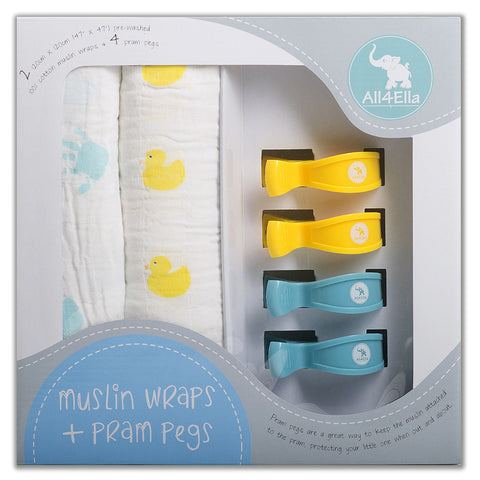 Twin Muslin & Four Pram Peg Boxed Set - Blue Ducks