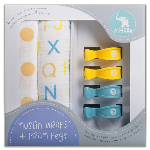 Twin Muslin & Four Pram Peg Boxed Set - Orange Alphabet