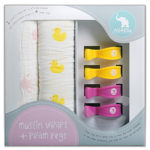 Twin Muslin & Four Pram Peg Boxed Set - Pink Ducks
