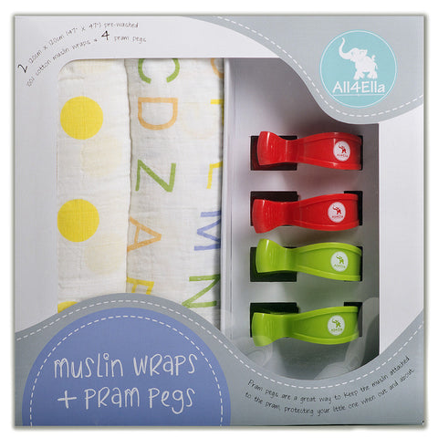 Twin Muslin & Four Pram Peg Boxed Set - Yellow Alphabet