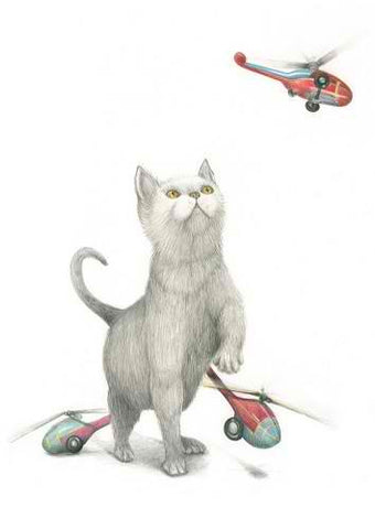 Helicopter Cat Small Mounted Print